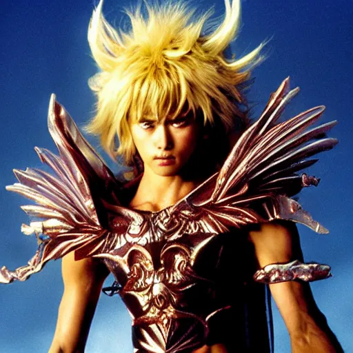 Prompt: a beautiful photographic medium - shot still of saga of saint seiya, beautiful natural light failling on her face, by annie leibowitz