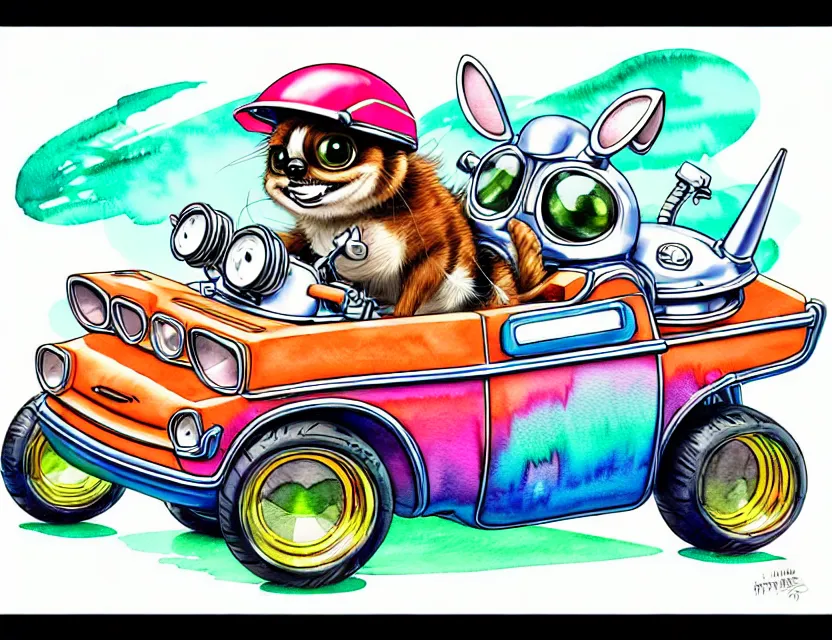 Prompt: cute and funny, gizmo wearing a helmet riding in a hot rod with oversize engine, ratfink style by ed roth, centered award winning watercolor pen illustration, isometric illustration by chihiro iwasaki, edited by range murata, tiny details by artgerm and watercolor girl, symmetrically isometrically centered