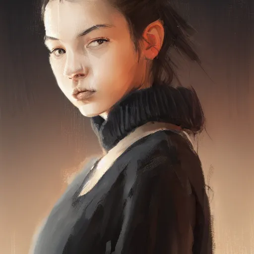 Prompt: portrait of a girl by greg rutkowski, she is about 2 0 years old, mixture between russian and japanese, prettt, black bob hair with two strands around her face, wearing a oversized jumper jumpsuit, highly detailed portrait, digital painting, artstation, concept art, smooth, sharp foccus ilustration, artstation hq