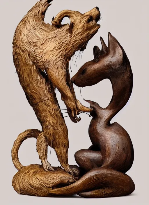 Prompt: sculpture of rat kissing the fox made of wood, portrait, female, future, wood, tree, harper's bazaar, vogue, magazine, insanely detailed and intricate, concept art, close up, ornate, luxury, elite, elegant, trending on artstation, by ruan jia, by Kenneth Willardt, by ross tran, by WLOP, by Andrei Riabovitchev,