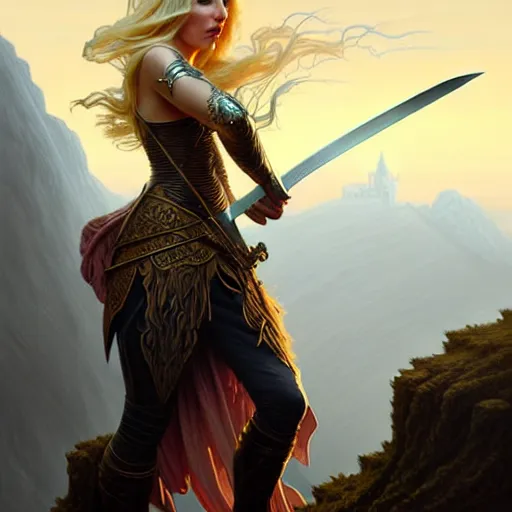 Image similar to A epic fantasy portrait of a blond woman, holding a sword, standing on a cliff, castle setting, horror movie lightning, intricate, elegant, highly detailed, digital painting, artstation, concept art, matte, sharp focus, illustration, art by Artgerm and Greg Rutkowski and Alphonse Mucha