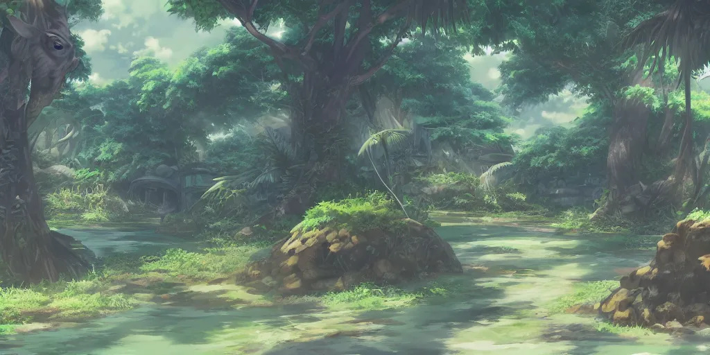 Image similar to Anime environment, huge jungle, animals, simple, rough draft, sketch, muted colors, 8k, trending on artstation