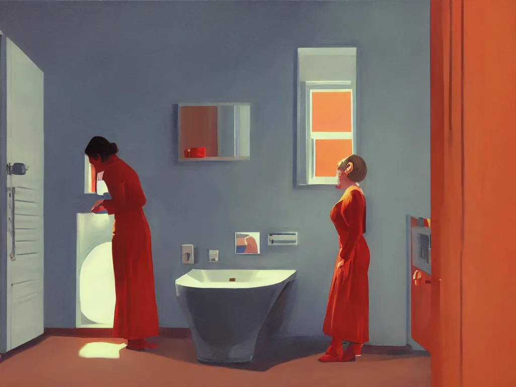 Prompt: lone girl waiting inside a 70s minimalist toilet, stanley kubrick the shinning, vibrant colors americana, cinematic, volumetric lighting, ultra wide angle view, realistic, detailed painting in the style of Edward Hopper