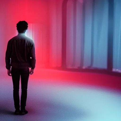 Image similar to a man with black hair and beard, wearing a black jacket, white shirt and blue jeans, standing in a room engulfed in red light, cinematic, bloom, breathtaking, illustration, realistic