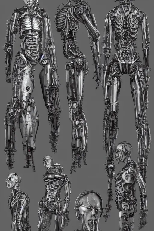 Prompt: cyborg lady with gunmetal grey skin, medical anatomy, very symmetrical face, highly detailed, mecha, three - perspective / three - view reference sheet ( front / back / side ), in the style of james gurney, dan ouellette, hr giger, sil from species, dren from splice, biomechanical, artstation, unreal engine