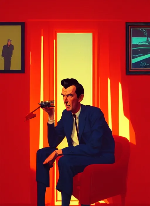 Prompt: artwork by michael whelan and tomer hanuka, laurent durieux, close up portrait of jimmy stewart sitting in the red room, in scene in twin peaks, full of details, by makoto shinkai and thomas kinkade, matte painting, trending on artstation and unreal engine