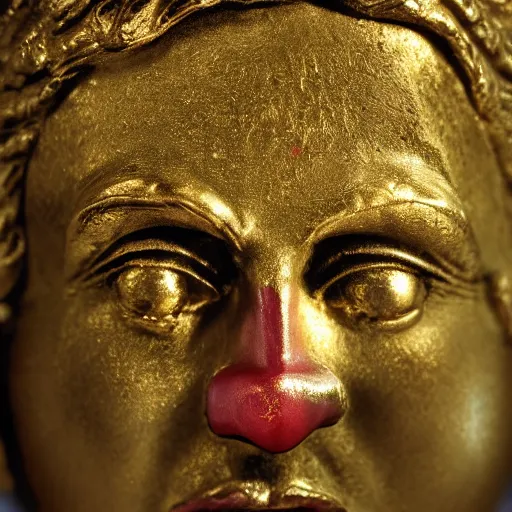 Image similar to an ancient roman gold coin with the face of a clown, close up photo, ultra realistic, studio photo, bokeh.