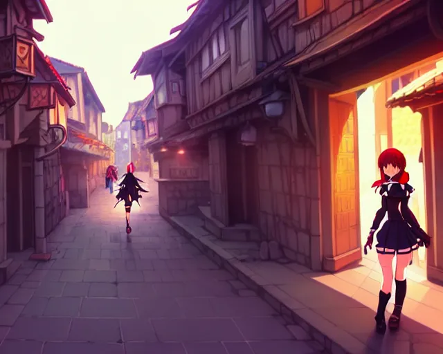 Image similar to anime still frame portrait of a young female walking through a busy medieval village, ilya kuvshinov, dynamic pose, dynamic perspective, detailed silhouette, cel shaded anime