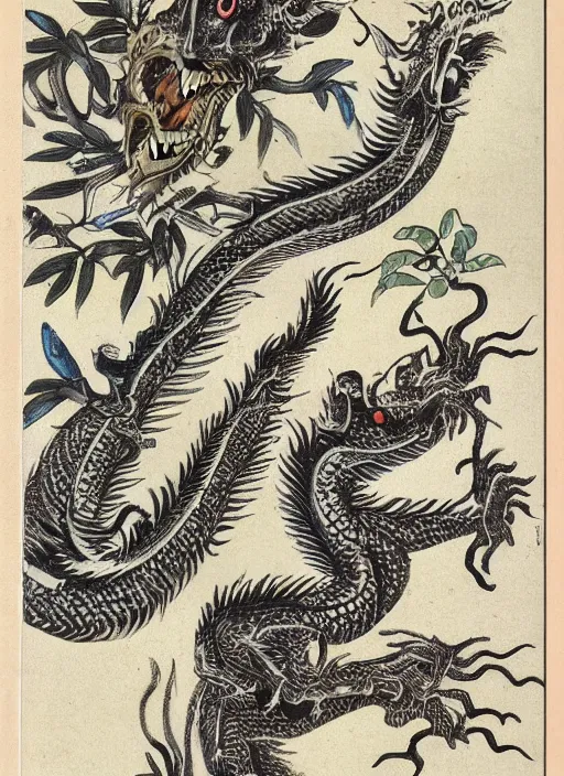 Image similar to vintage chinese dragon in a tropical forest, john james audubon, ernst haeckel, intaglio, sharp focus