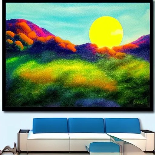 Prompt: digital painting of an orange eclipse sun rising behind hills of vibrant green with blue mist floating across them, extremely detailed, smooth, clean