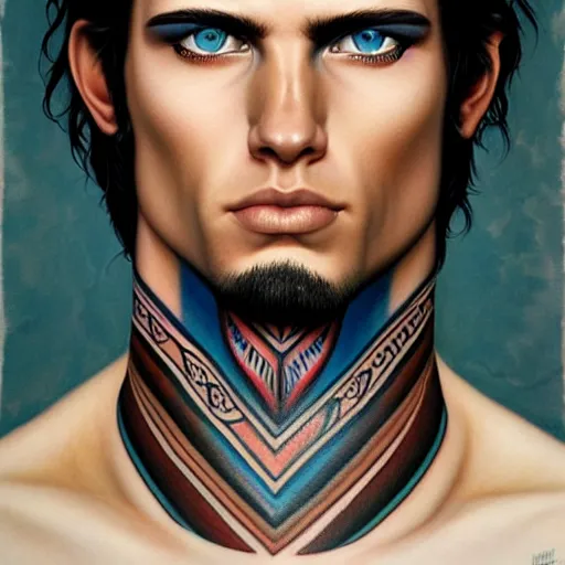 Image similar to ultra realistic portrait painting of a perfect handsome man blue eyes black hair, neck tribal snake tattoo, painted by Tristan Eaton Stanley Artgerm and Tom Bagshaw