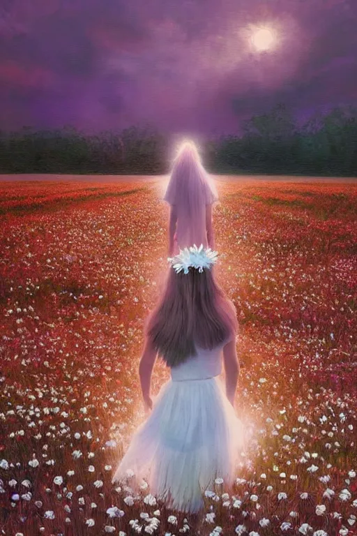 Image similar to giant white daisy flower crown head, veil girl walking in a flower field, surreal photography, sunrise, dramatic light, impressionist painting, colorful clouds, digital painting, artstation, simon stalenhag