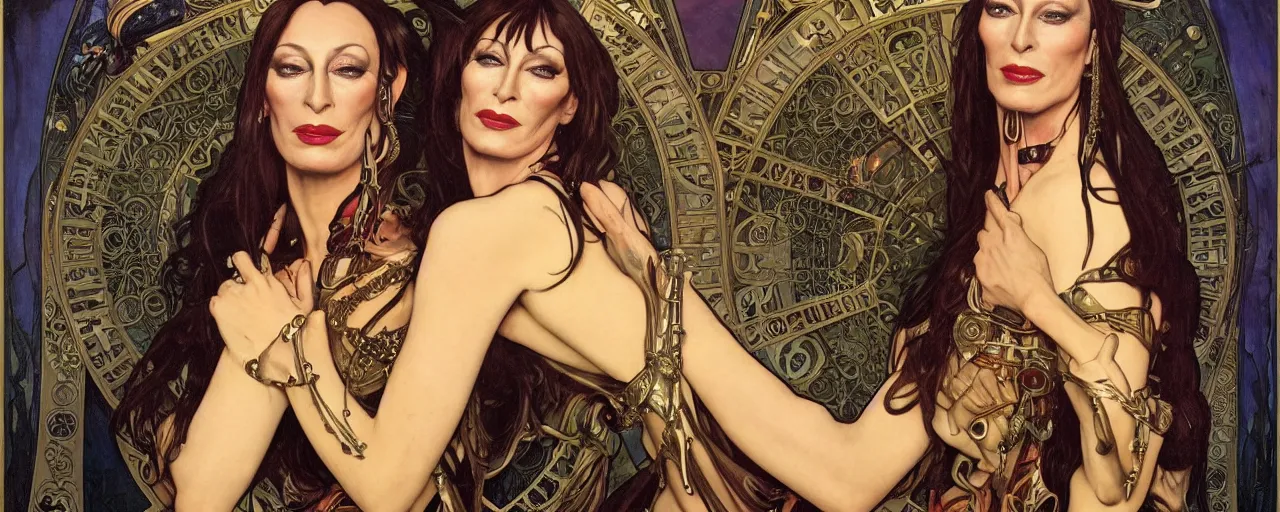 Image similar to stunning exotic art nouveau portrait of anjelica huston as an industrial dieselpunk queen of the night by glenn fabry, simon bisley and alphonse mucha, photorealism, extremely hyperdetailed, perfect symmetrical facial features, perfect anatomy, ornate declotage, spikes, latex, confident expression, wry smile, sinister eyes