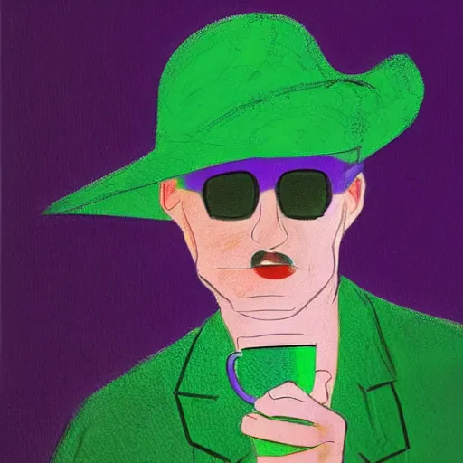 Prompt: man in green suit with green hat drinking tea, Wearing a purple undershirt, Wearing Shades, highly detailed, fantasy, D&D, by, Viktor Antonov