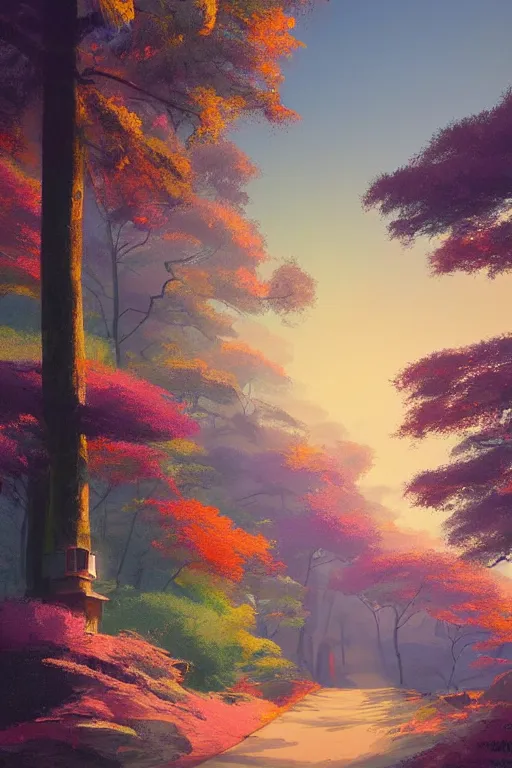 Prompt: Japanese Torii in a colorful moutain with trees ,morning , by Grzegorz Rutkowski, concept art