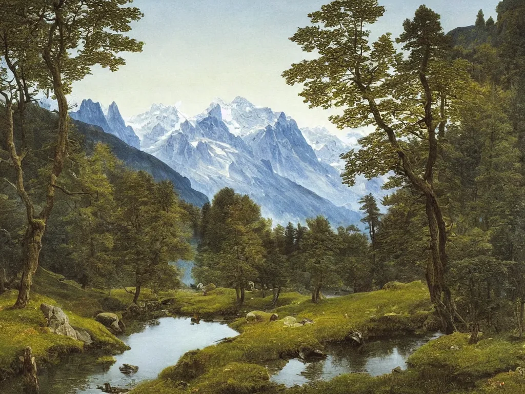 Image similar to a detailed painting of a majestic wilderness in switzerland in spring by caspar david friedrich, high detail, snow capped mountains reflecting on a lake, wildflowers,