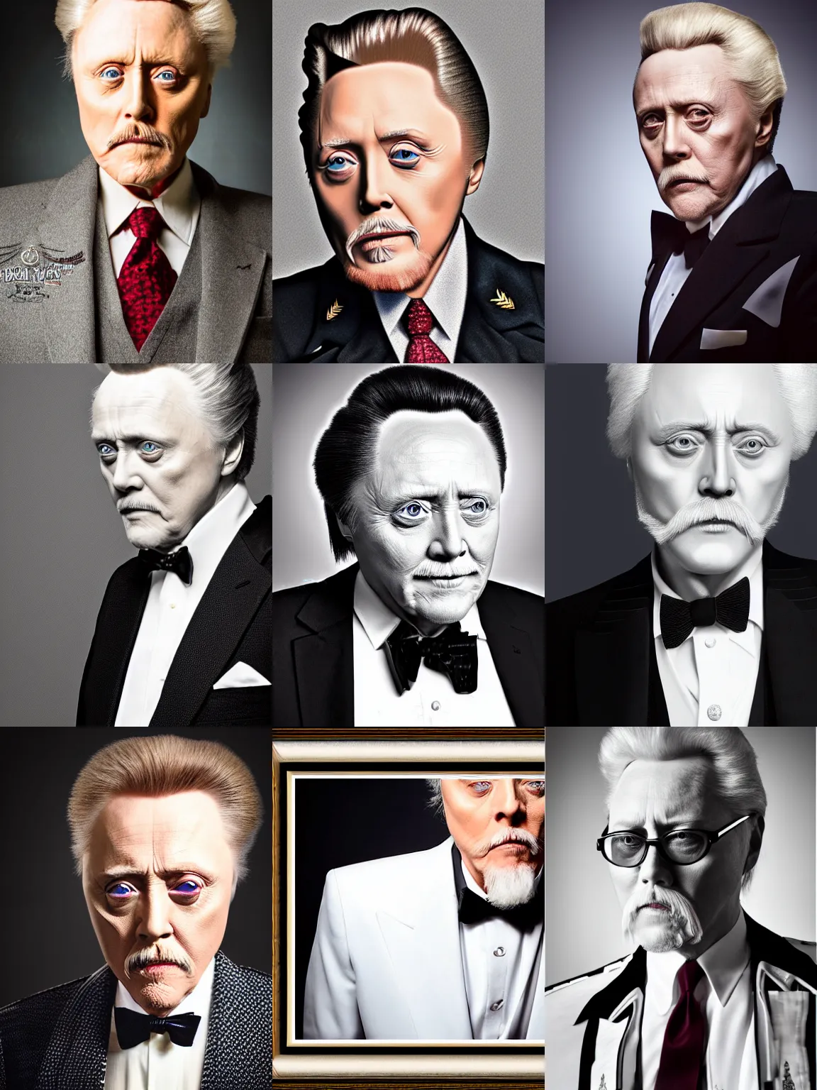 Prompt: cinematic medium shot, studio photographic portrait of christopher walken as colonel sanders by david silis, realistic hair, glamour pose, symmetry, face symmetry, looking at viewer, random outdoor background, studio lighting, hdr, 8 k