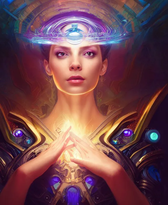 Image similar to a whirlwind of souls rushing inside the metaverse, half body, glowin eyes, tiara with sapphire, pharaoh, android, cyberpunk, d & d, fantasy, intricate, elegant, highly detailed, colorful, vivid color, digital painting, artstation, concept art, art by artgerm and greg rutkowski and alphonse mucha and ruan jia