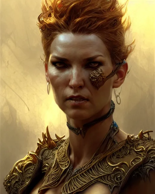 Prompt: fierce woman, fantasy character portrait, ultra realistic, concept art, intricate details, highly detailed, wide angle, by andrew robinson, gaston bussiere, craig mullins, simon bisley