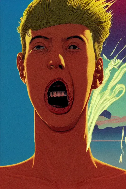 Image similar to a scifi closeup portrait of a young british man licking a blotter paper of LSD acid on his tongue and dreaming psychedelic hallucinations in cosmos, by kawase hasui, moebius, Edward Hopper and James Gilleard, Zdzislaw Beksinski, Steven Outram colorful flat surreal design, hd, 8k, artstation