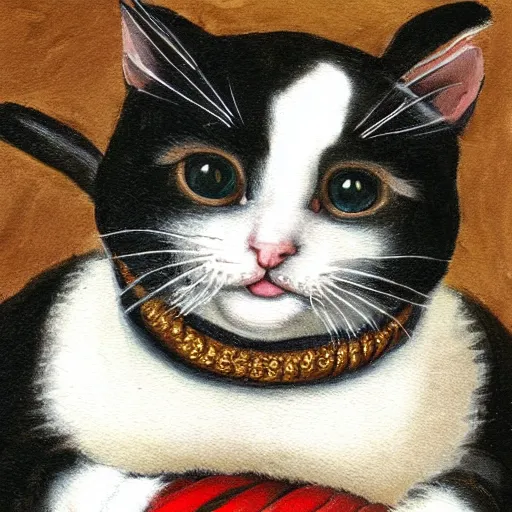 Image similar to portrait painting of an adorable tuxedo kitten in renaissance clothing in the style of Albrecht Duerer