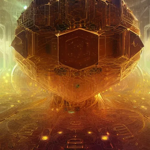 Image similar to hyper realistic golden quantum computer in the shape of a giant cube the size of a city , art by artery and Greg Rutkowski and alphonse mucha, sci-fi, fantasy, intricate, ornate, very very intimidating , highly detailed, digital painting, artstation, concept art, smooth, sharp focus, illustration