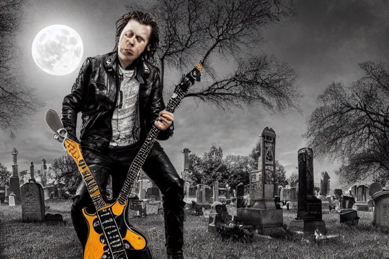 Prompt: mikhail gorshenev in a leather jacket playing electric guitar in a cemetery, rock concert, dark night, full moon, crows on the oak tree, highly detailed digital art, photorealistic