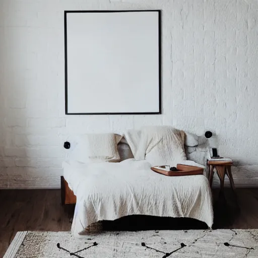 Prompt: minimalist clean spacious empty bright mockup photo of large blank frame on floor with thin light wooden frame moulding, white background wall, light boho carpet, white lamps, white pillows, trending on etsy