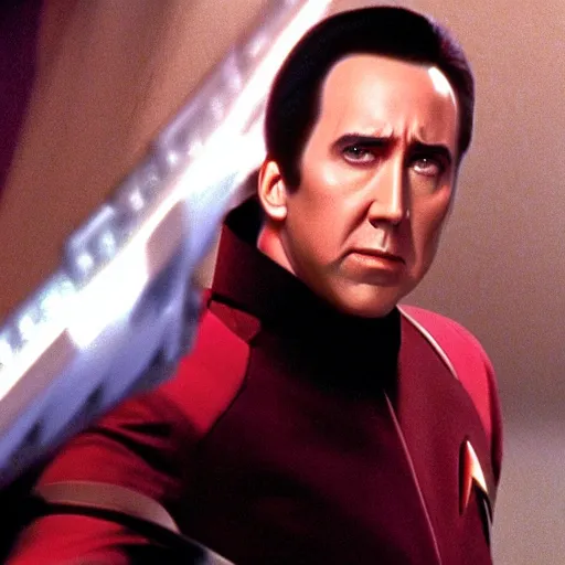 Image similar to Nicholas Cage as Data in the movie Star Trek, sci-fi movie cinematic frame, detailed, sharp