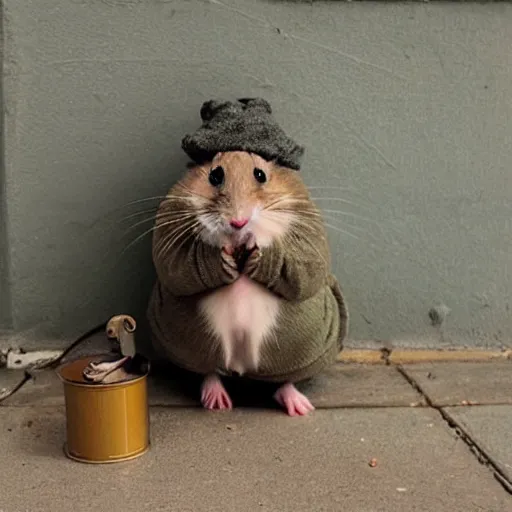 Image similar to “ hamster dressed as a homeless person sitting at an intersection with arms stretched out holding a tin can ”