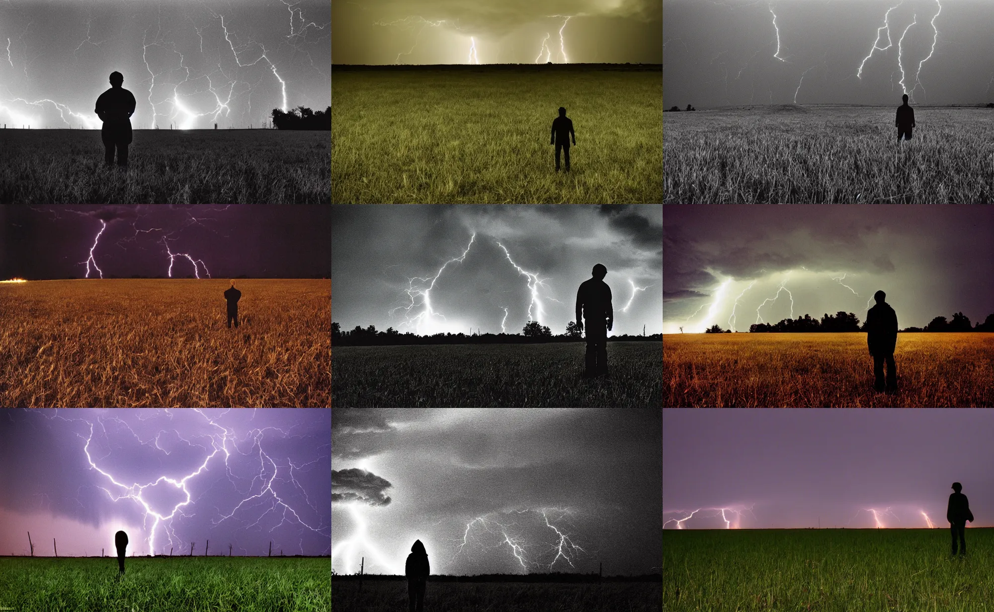 Prompt: weird dark silhouette standing in the field, night, tornado, lightning, phone flash, 1998 photo