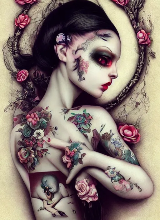 Image similar to pop surrealism, lowbrow art, realistic cute tattooed girl painting, japanese street fashion, hyper realism, muted colours, rococo, natalie shau, loreta lux, tom bagshaw, mark ryden, trevor brown style,