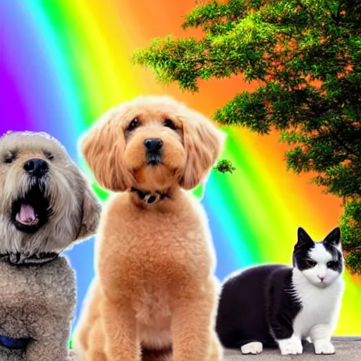 Image similar to a group of pet dogs and cats waiting patiently at the entrance to a glorious and heavenly rainbow bridge with tall heavenly golden gates at the entrance, real photo, detailed