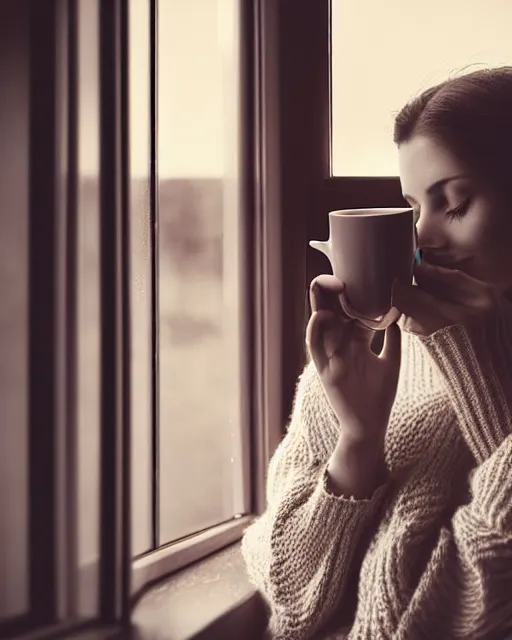 Image similar to a dreamy photograph of a pretty french girl with dark hair, wearing a loose oversized white sweater, cuddled up by a windowsill sipping a mug of tea during sunset. dramatic lighting, fantasy, intricate, elegant, highly detailed, lifelike, photorealistic, Sigma 1.6, 50mm, bokeh, HDR, high resolution, artstation, concept art, smooth, sharp focus, art by John Collier and Albert Aublet and Krenz Cushart and Artem Demura and Alphonse Mucha