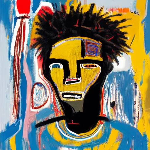 Image similar to A extremely highly detailed majestic hi-res beautiful immaculate head and shoulders painting of a strong black african man by Jean-Michel Basquiat, 8k, high textures, hyper sharp, insanely detailed and intricate, super detailed, 4k HDR high quality