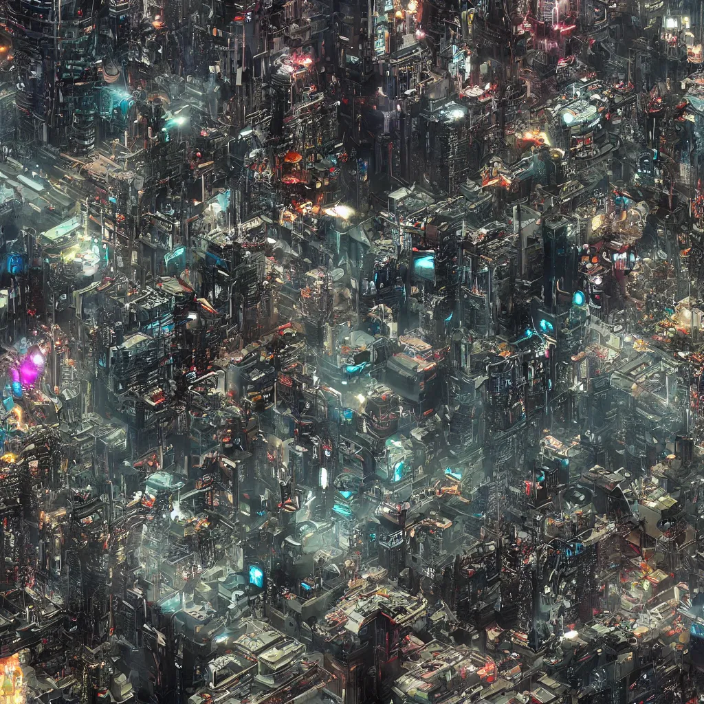 Prompt: eagle-eye view imagery of advanced future civilisation. Futurepunk Cyberpunk. Extreme zoom.