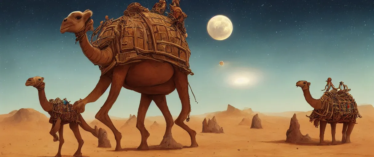 Prompt: a beautiful illustration of a massive surreal brutalist winding wooden structure on the back of a giant mutant camel traveling an expansive desert with a ringed planet in the night sky in the style of Rob Lefield and Ralph McQuarrie, Daniel Merriam :.1, trending on artstation, digital art, third person perspective, wide angle, establishing shot