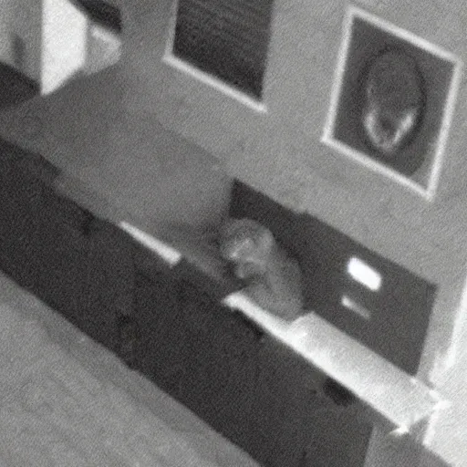 Image similar to a very creepy cctv shot of an unknown creature