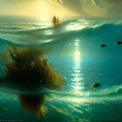 Image similar to point of view of deep in the ocean looking up, you see fishes, the milk way, night time, midnight, no sunlight. highly detailed painting by gaston bussiere, greg rutkowski 8 k