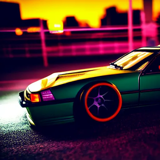 Prompt: a car S30 turbo drift at illegal car meet, shibuya prefecture, sunset night mist lights, cinematic color, photorealistic, highly detailed wheels, highly detailed