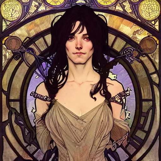 Image similar to full portrait of neil again an as destiny from the sandman comics, fantasy, d & d, intricate, detailed, by by alphonse mucha, adolfo hohenstein, alice russell glenny, stanley artgerm lau, greg rutkowski, detailed, trending on artstation, trending on artstation, smooth