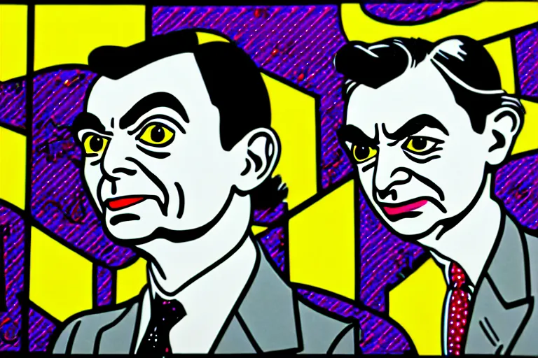 Prompt: portrait cute mr bean grey goblins by roy lichtenstein, by andy warhol, ben - day dots, pop art, bladerunner, pixiv contest winner, cyberpunk style, vivid color scheme, hd, intricate detail, fine detail, 8 k