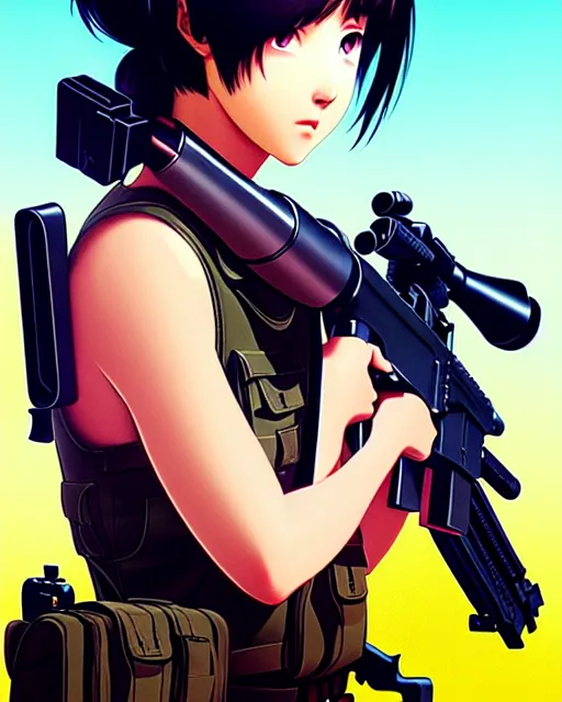 Image similar to girl holding a rifle | | very very anime!!!, fine - face, audrey plaza, realistic shaded perfect face, fine details. anime. realistic shaded lighting poster by ilya kuvshinov katsuhiro otomo ghost - in - the - shell, magali villeneuve, artgerm, jeremy lipkin and michael garmash and rob rey