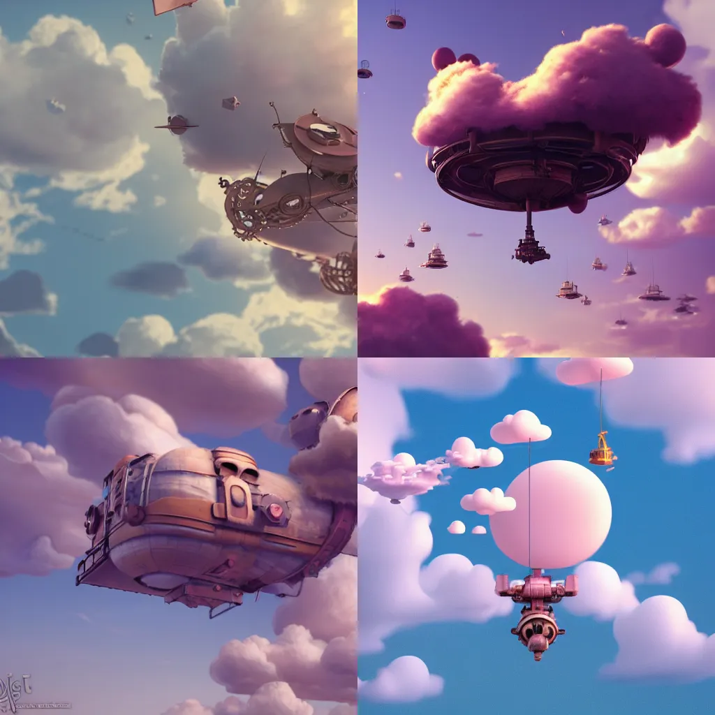 Prompt: Cloud Jumper, a steampunk world with cute flying ships in fluffy pink clouds and soft light, octane render