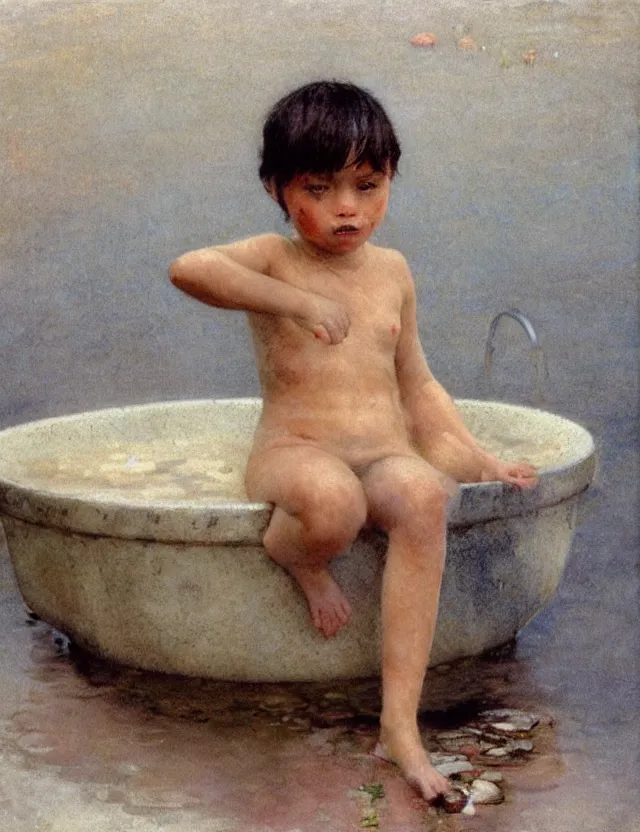 Image similar to peasant kid having bath in a basin, splashes of water, cottage core, cinematic focus, polaroid photo bleached vintage pastel colors high - key lighting, soft lights, foggy, by steve hanks, by lisa yuskavage, by serov valentin, by tarkovsky, detailed, oil on canvas