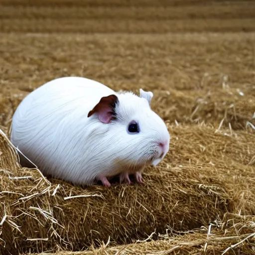 Image similar to a guinea pig with white wings flying above a field of hay,