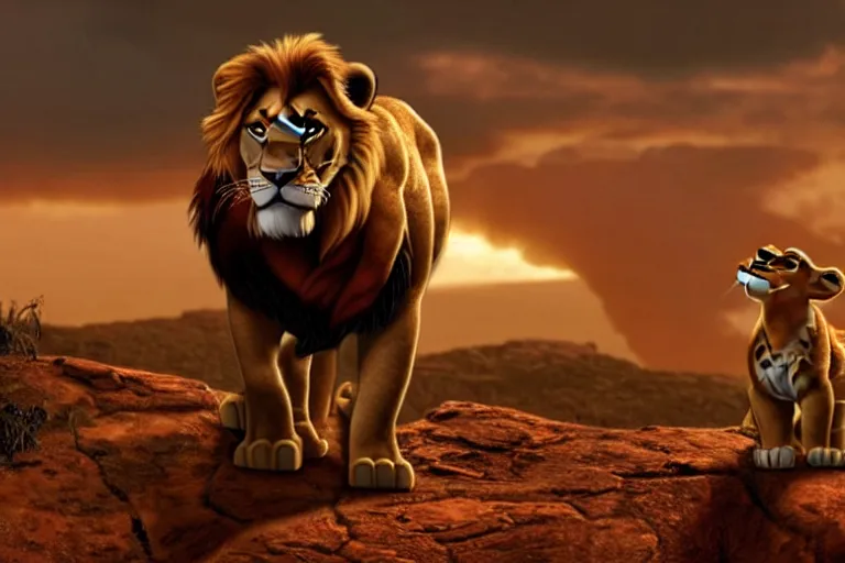 Image similar to simba ( from the lion king ), heavily armed and armored facing down armageddon in a dark and gritty version from the makers of fallout : war never changes