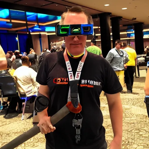 Image similar to A guy with a crowbar and swim goggles at the DEF CON conference in Las Vegas