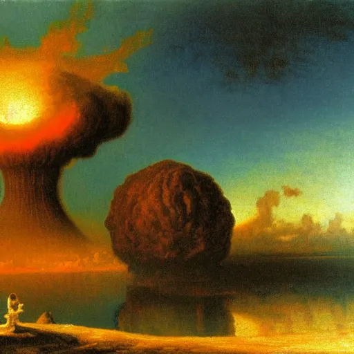 Image similar to beautiful young woman looking at giant nuclear explosion, artwork by Bierstadt, Albert