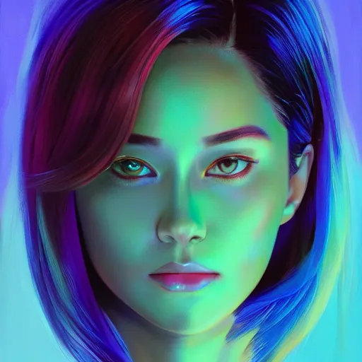 Image similar to hologram woman is bored, with cute - fine - face, pretty face, oil slick hair, realistic shaded perfect face, extremely fine details, by realistic shaded lighting, dynamic background, poster by ilya kuvshinov katsuhiro otomo, magali villeneuve, artgerm, jeremy lipkin and michael garmash and rob rey, pascal blanche, kan liu